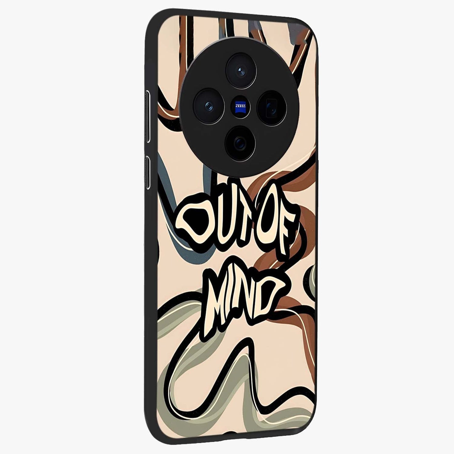 Out Of Mind Glass Case upright view showcasing striking typography artwork with edgy conceptual theme.