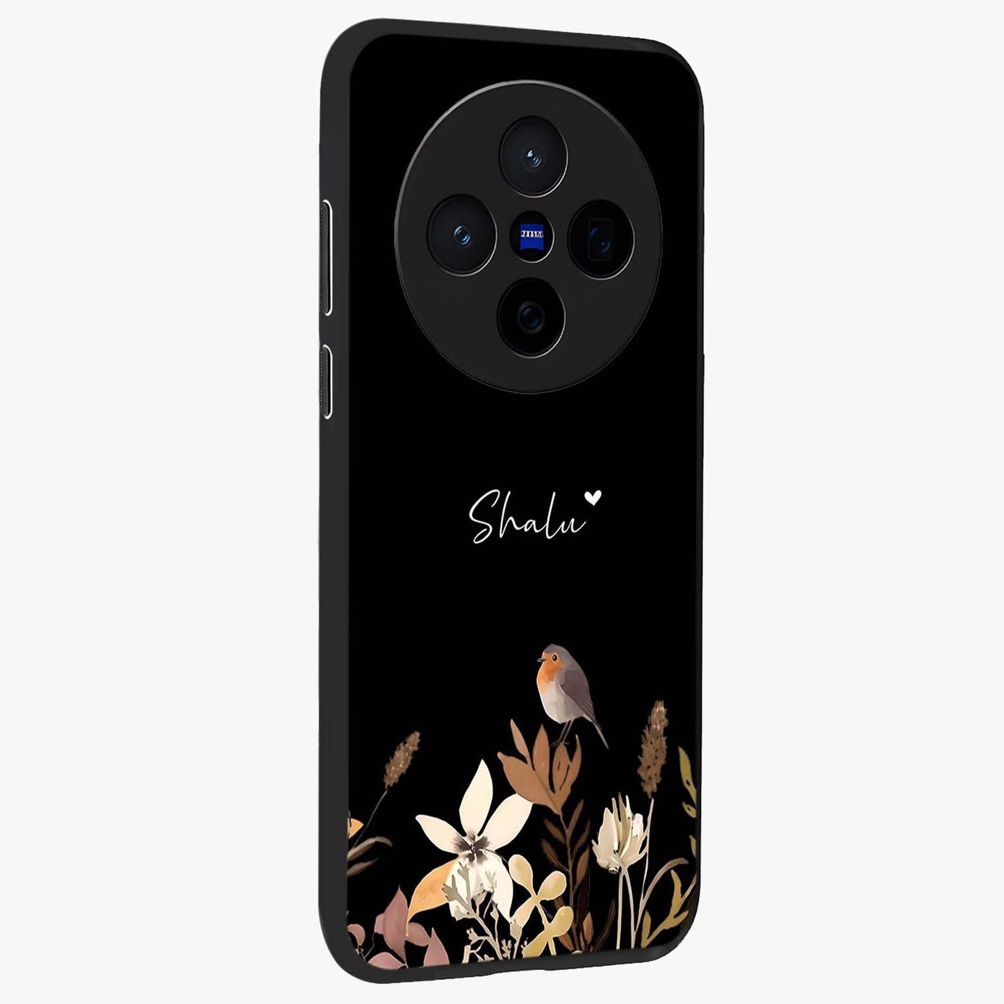 Quiet Garden Tune Custom Name Glass Case upright view showcasing serene botanical artwork with personalized aesthetic.