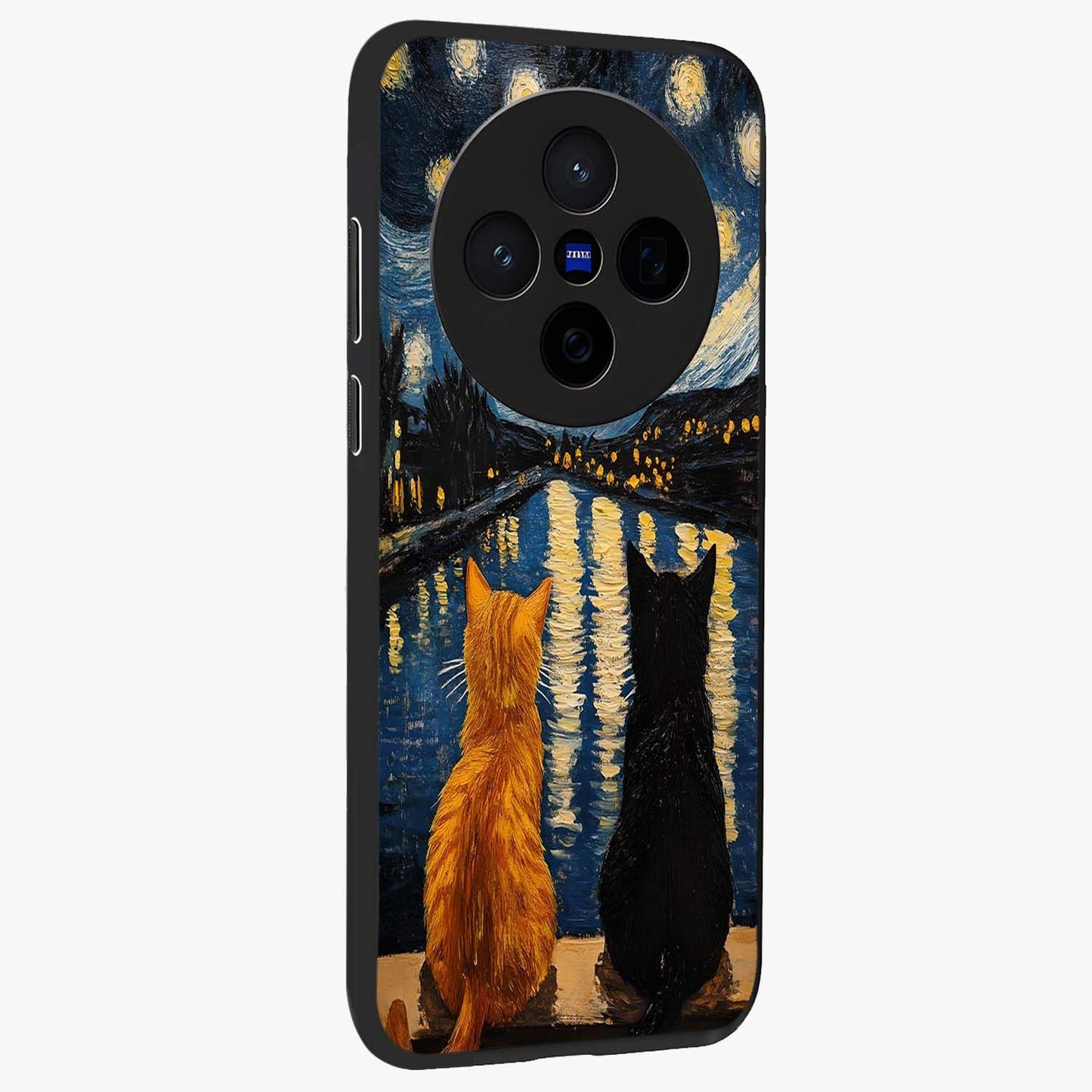 Starry River Cats Glass Case upright view showcasing adorable cat artwork with magical river and stars theme.