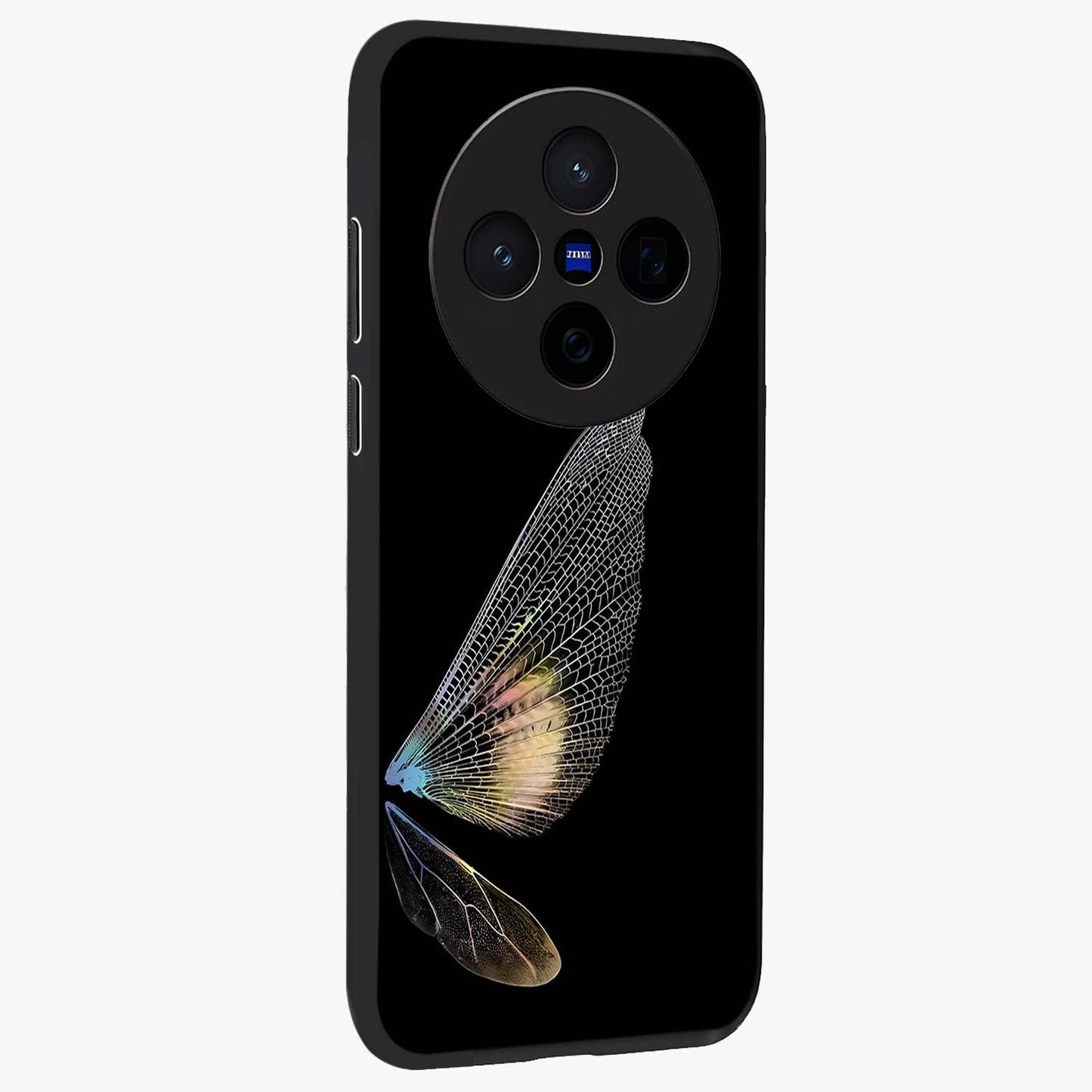 Whispers Of Wings Glass Case upright view showcasing elegant wing artwork with light airy theme.