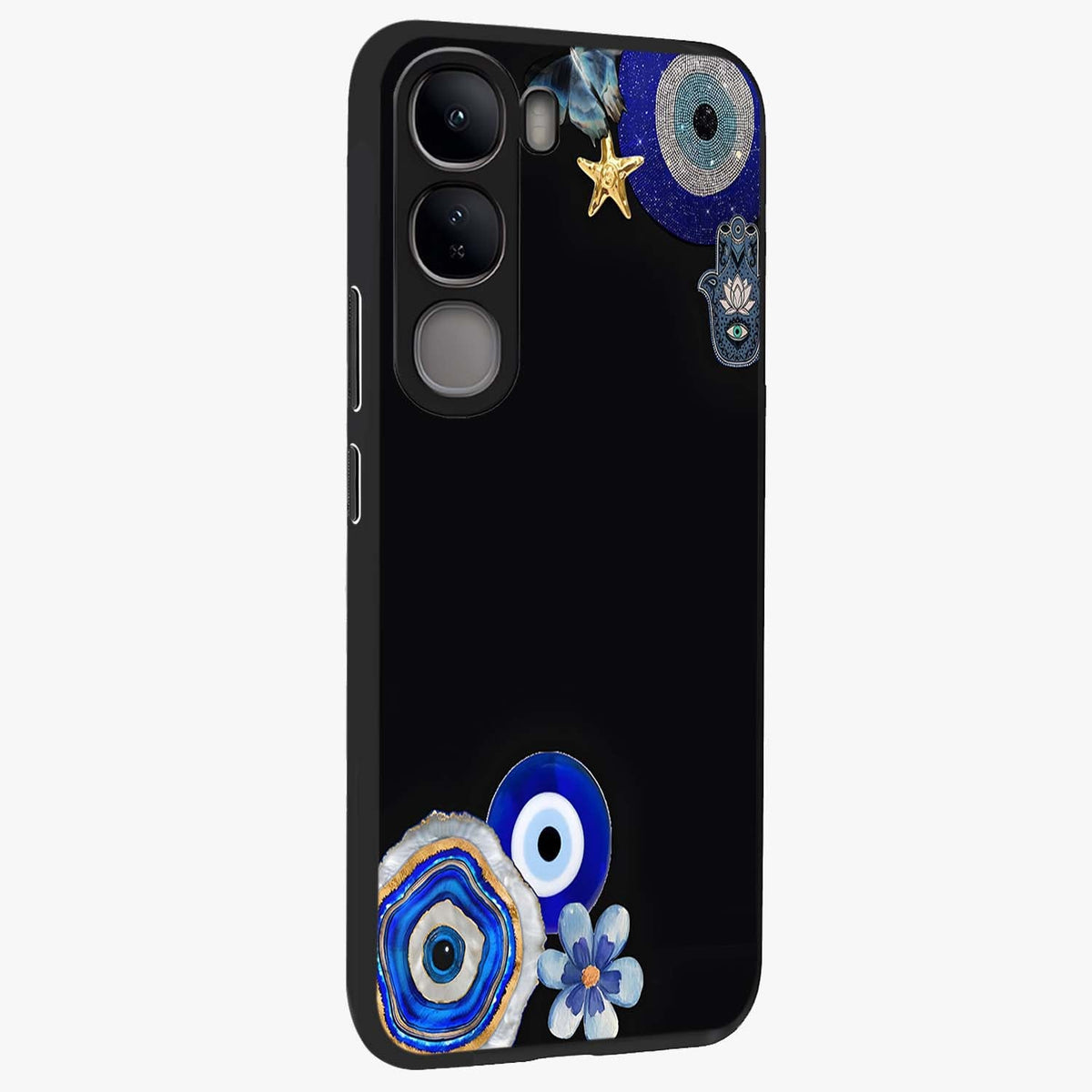 Aesthetic Blue Evil Eye Glass Case upright view showcasing mystical evil eye graphic with minimal aesthetic style.