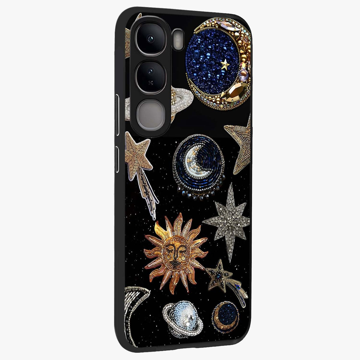 Celestial Gem Constellations Glass Case upright view showcasing cosmic constellation artwork with celestial aesthetic style.