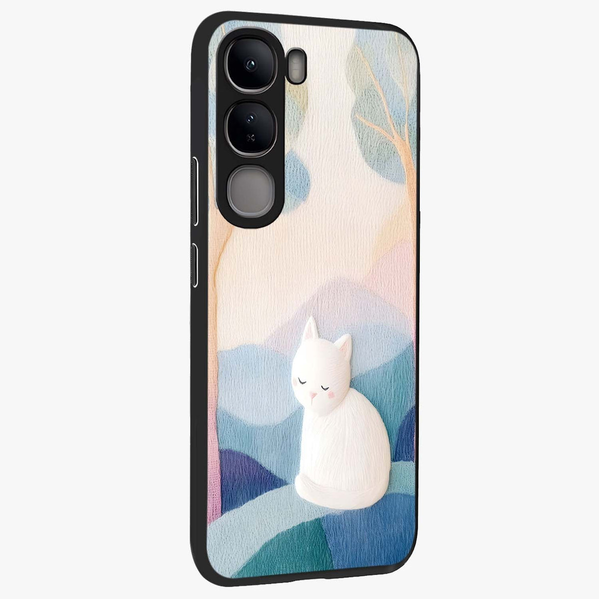Cotton Dream Cat Glass Case upright view showcasing charming cat artwork with cozy dreamy theme.