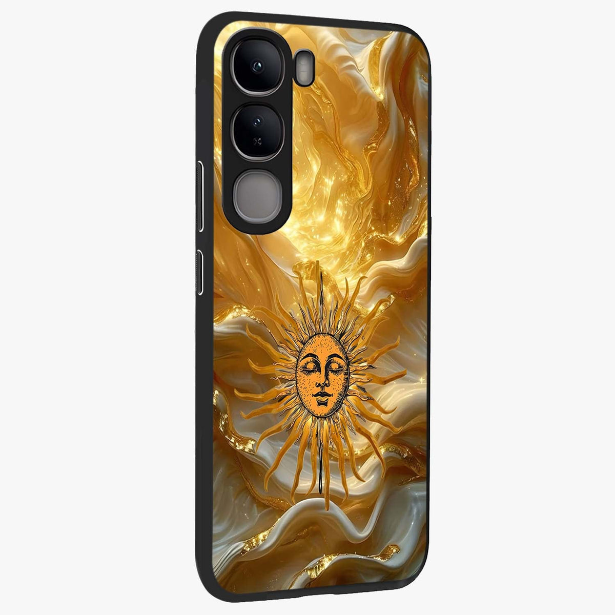 Eternal Golden Glow Glass Case upright view showcasing luminous golden artwork with luxurious visual theme.