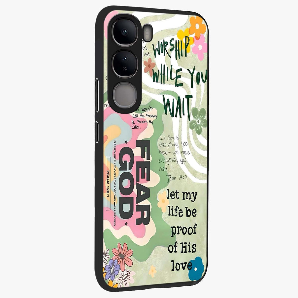 Faith Over Fear Glass Case upright view showcasing bold typography artwork with uplifting motivational theme.