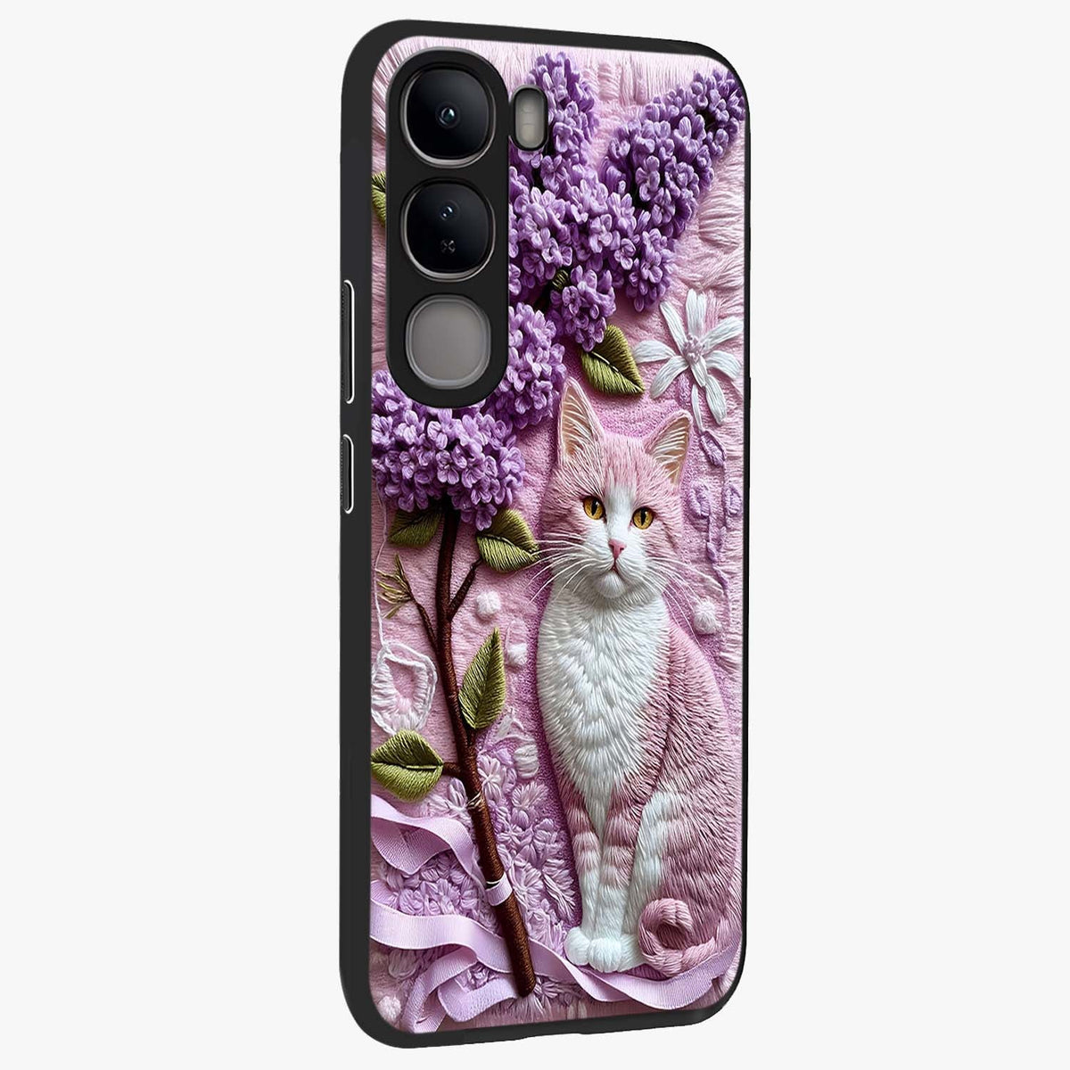 Lavender Cat Whimsy Glass Case upright view showcasing charming cat artwork with whimsical lavender theme.