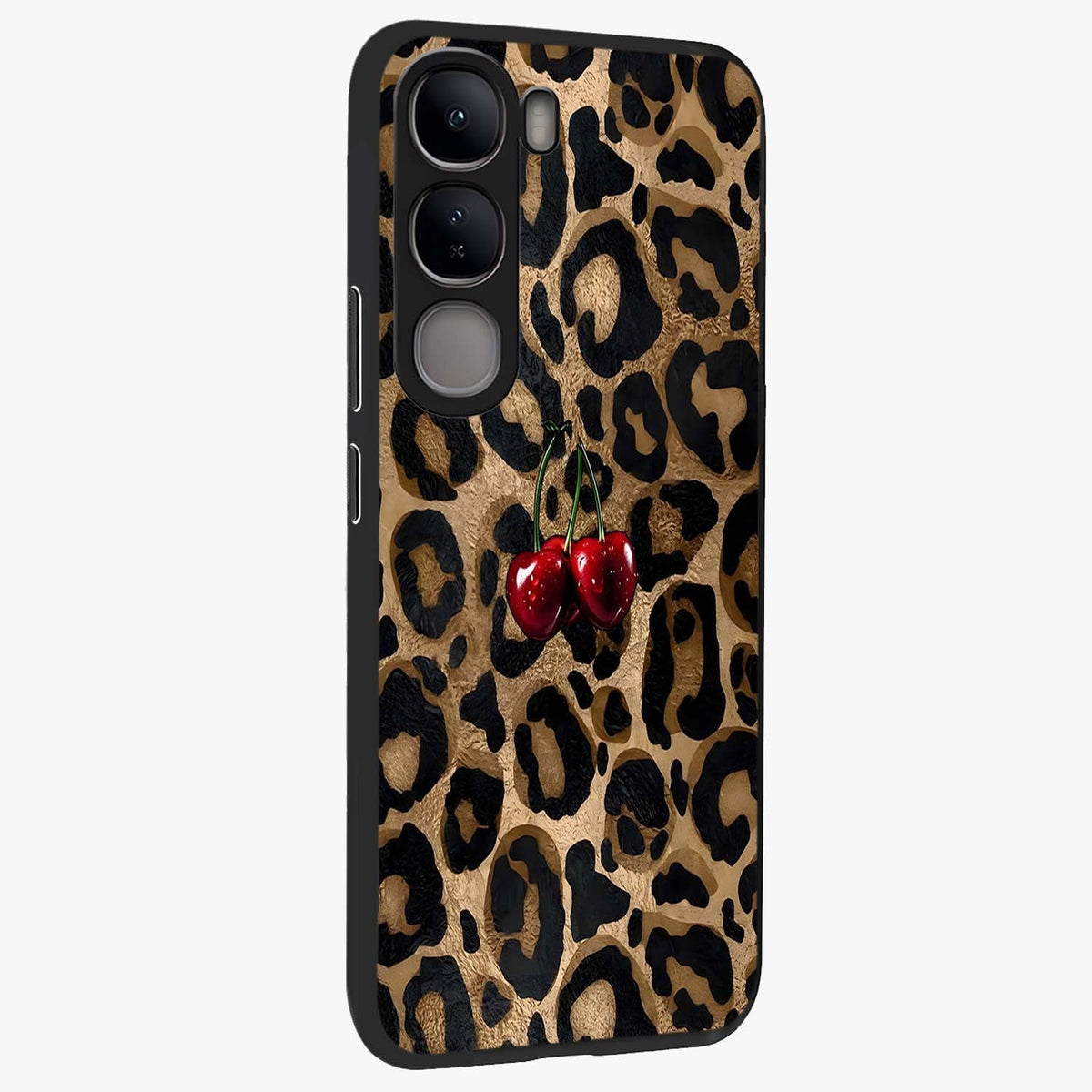 Leopard Wild Cherry Glass Case upright view showcasing stylish leopard pattern artwork with trendy fashion theme.