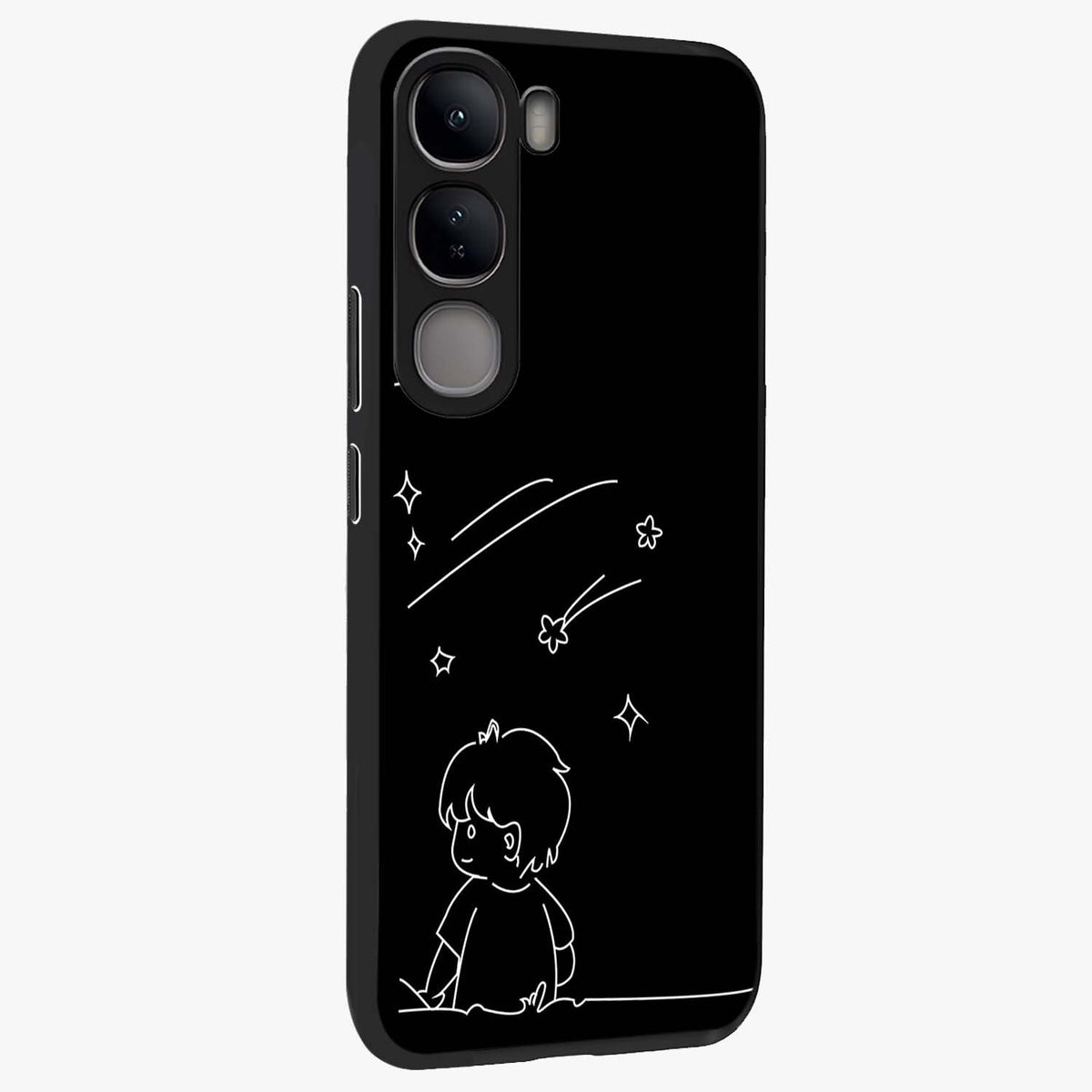 Line Art Boy With Shooting Stars Glass Case upright view showcasing artistic shooting star illustration with minimal style.