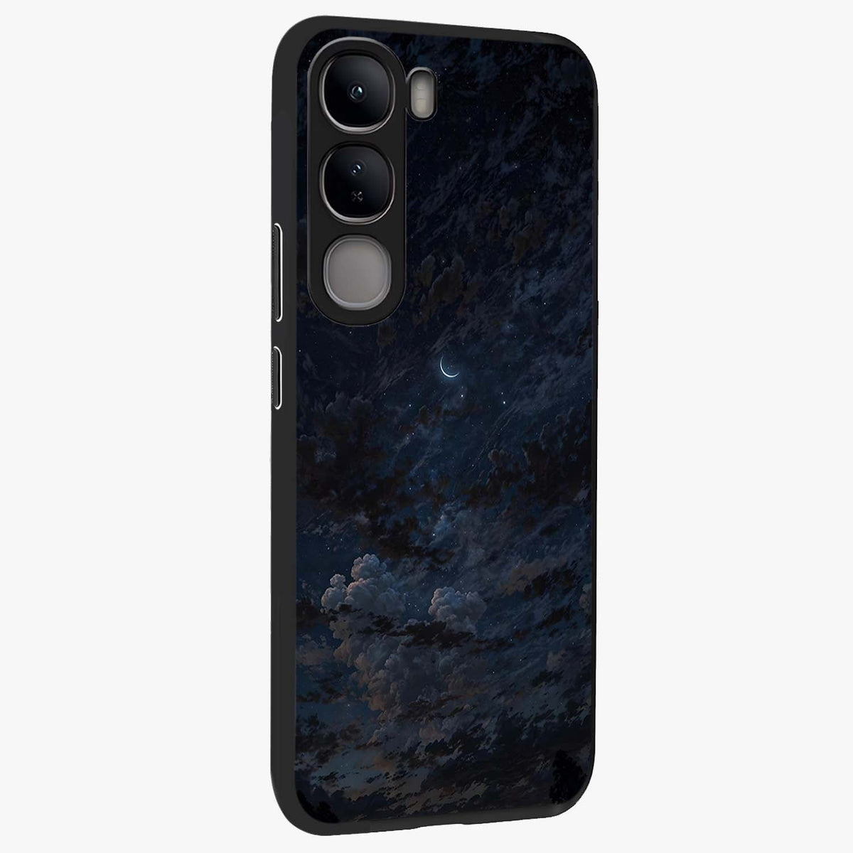 Lunar Veil Silence Glass Case upright view showcasing calm moon themed artwork with serene night atmosphere.