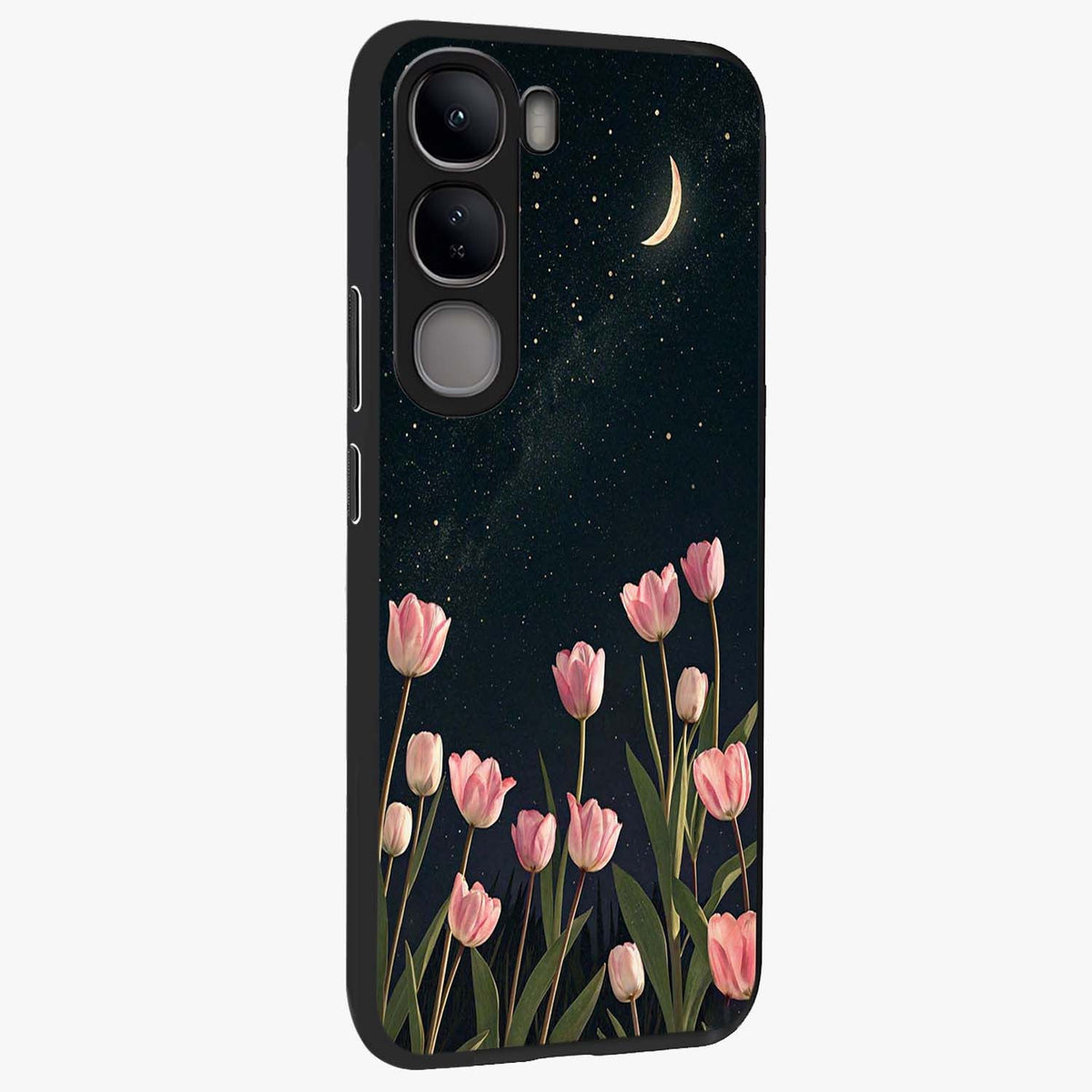 Midnight Tulip Whispers Vibe Glass Case upright view showcasing graceful tulip artwork with calm botanical theme.