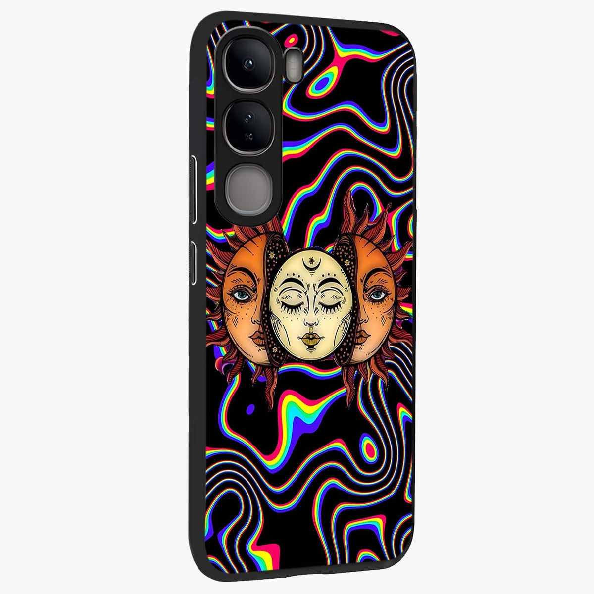 Psychedelic Sun Glass Case upright view showcasing trippy sun artwork with bold psychedelic theme.