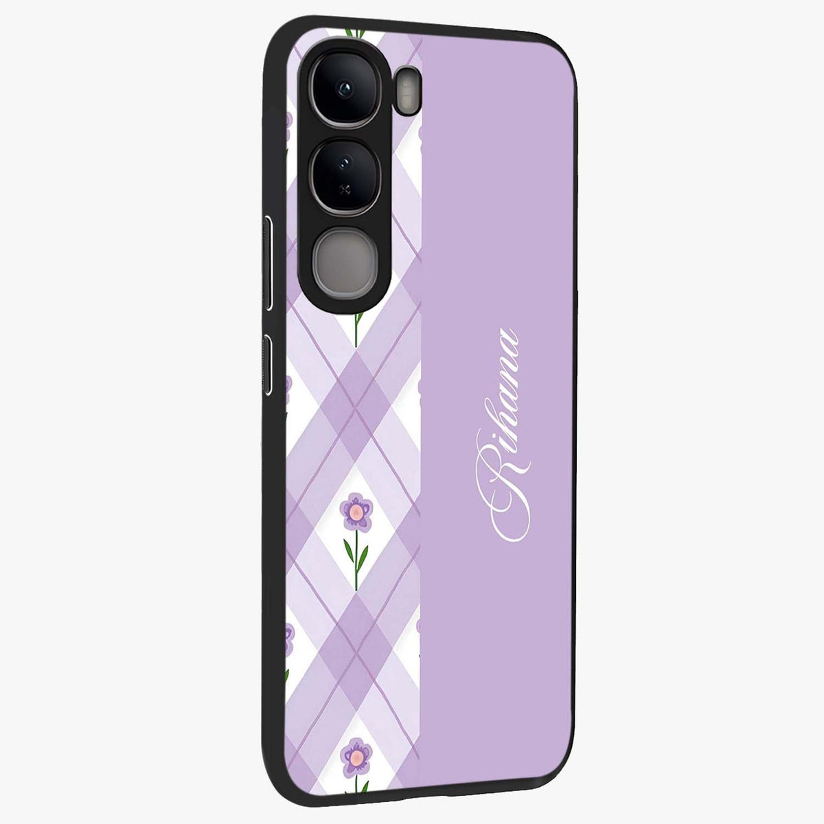 Purple Diamond Floral Glass Case upright view showcasing vibrant floral artwork with stylish geometric theme.