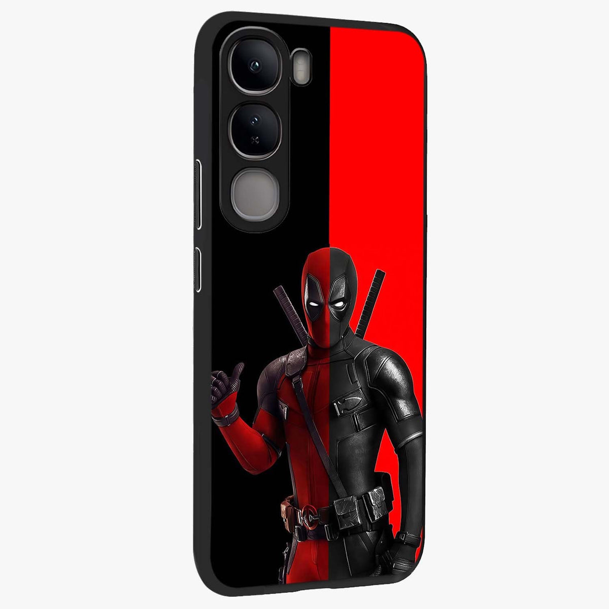 Red & Black Deadpool Theme Glass Case upright view showcasing energetic comic themed artwork with striking red and black design.