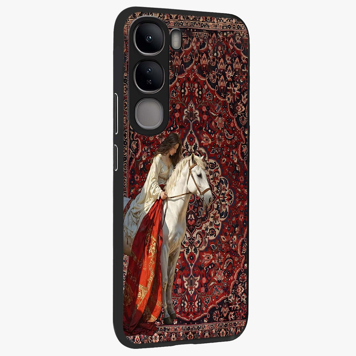 Royal Rider Tapestry Glass Case upright view showcasing detailed rider artwork with classic tapestry theme.