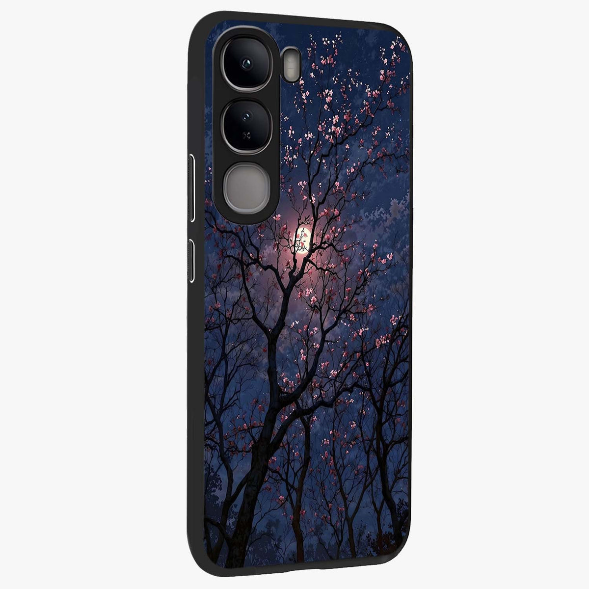 Twilight Sakura Serenade Glass Case upright view showcasing beautiful cherry blossom artwork with serene evening theme.