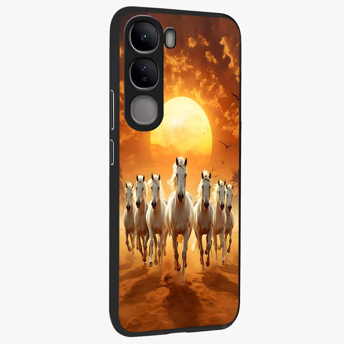 Wild Sunset Majesty Glass Case upright view showcasing dramatic sunset artwork with bold nature theme.