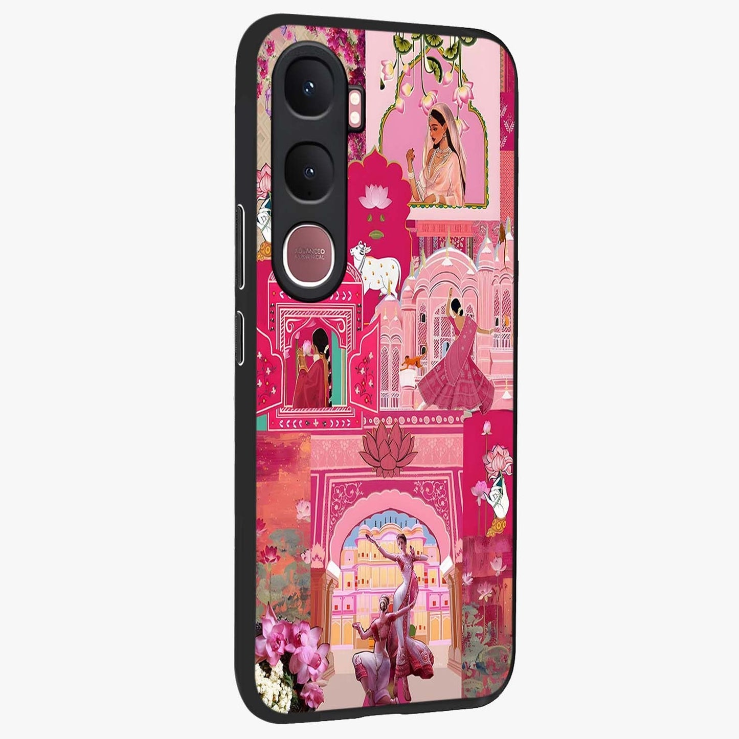 Blossoms of Rajasthan Glass Case upright view showcasing colorful floral design inspired by traditional Indian art.