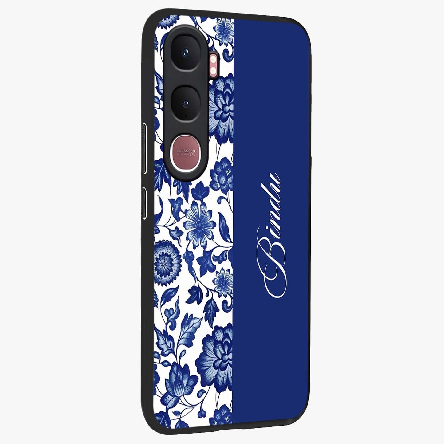 Blue Vintage Floral Pattern Glass Case upright view showcasing delicate blush floral texture with modern minimal style.