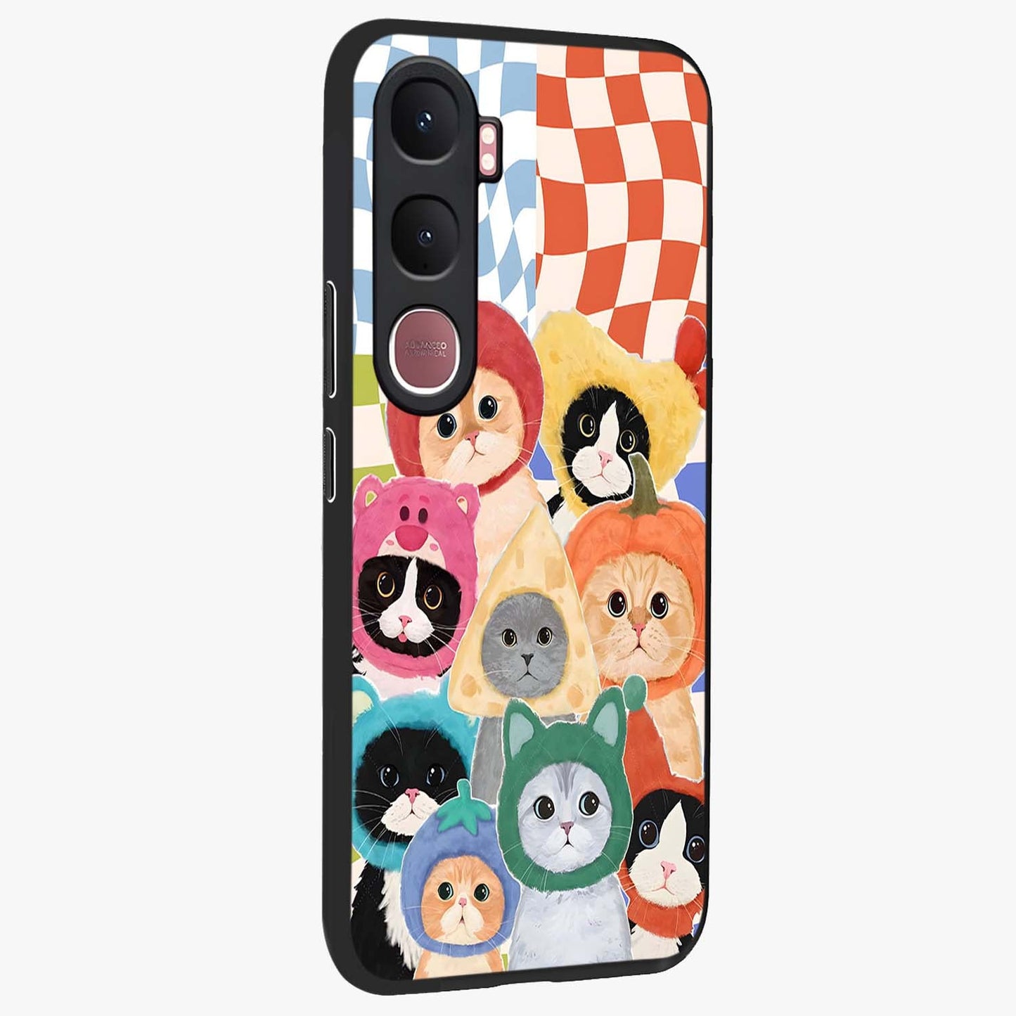 Cats in Fruits Glass Case upright view showcasing charming cat artwork with fun fruity theme.