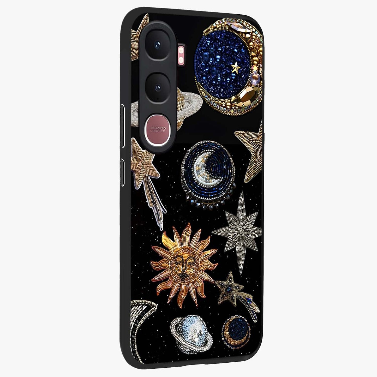 Celestial Gem Constellations Glass Case upright view showcasing cosmic constellation artwork with celestial aesthetic style.