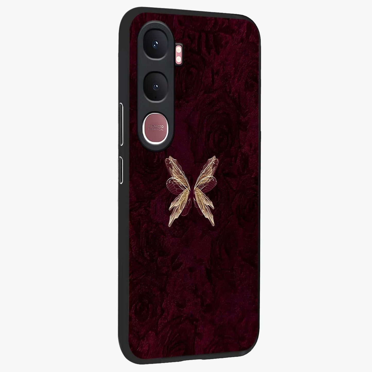 Crimson Fade Butterfly Glass Case upright view showcasing graceful butterfly artwork with soft crimson fade effect.