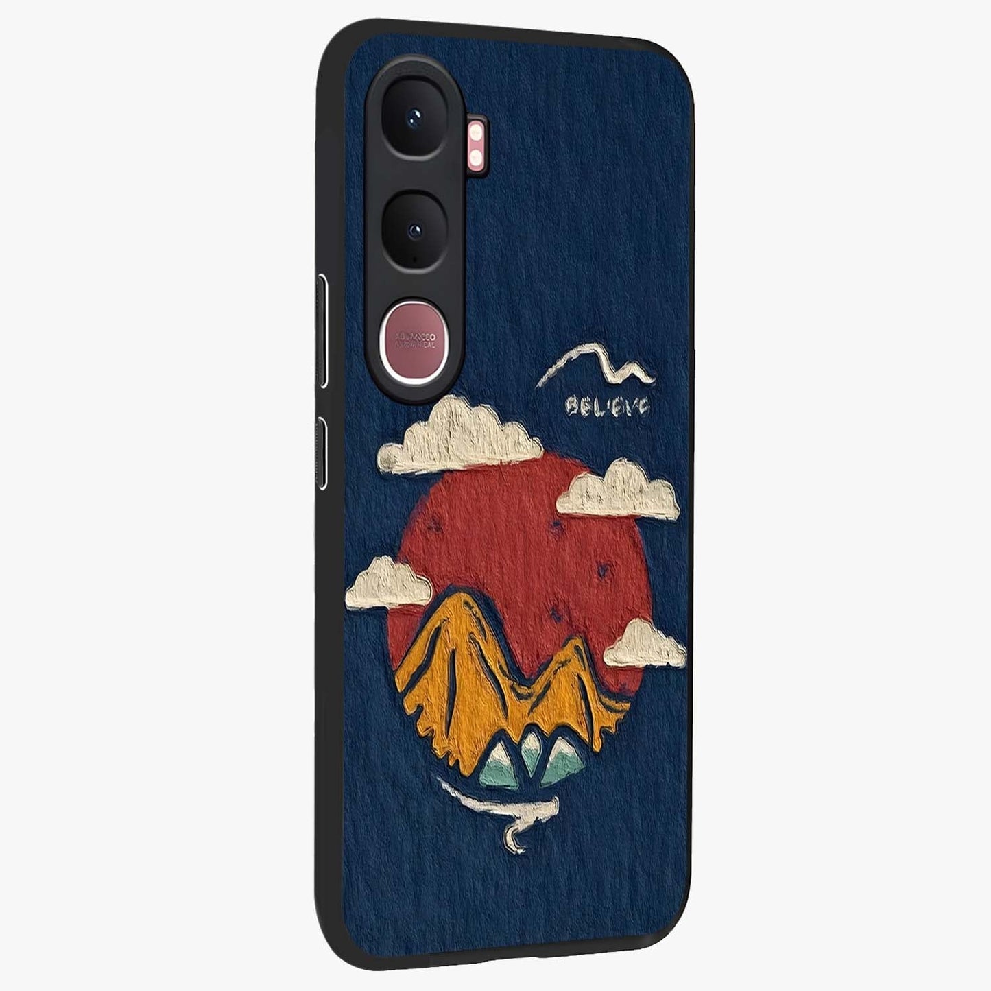 Dream Beyond Mountains Glass Case upright view showcasing beautiful mountain scenery with inspirational nature theme.