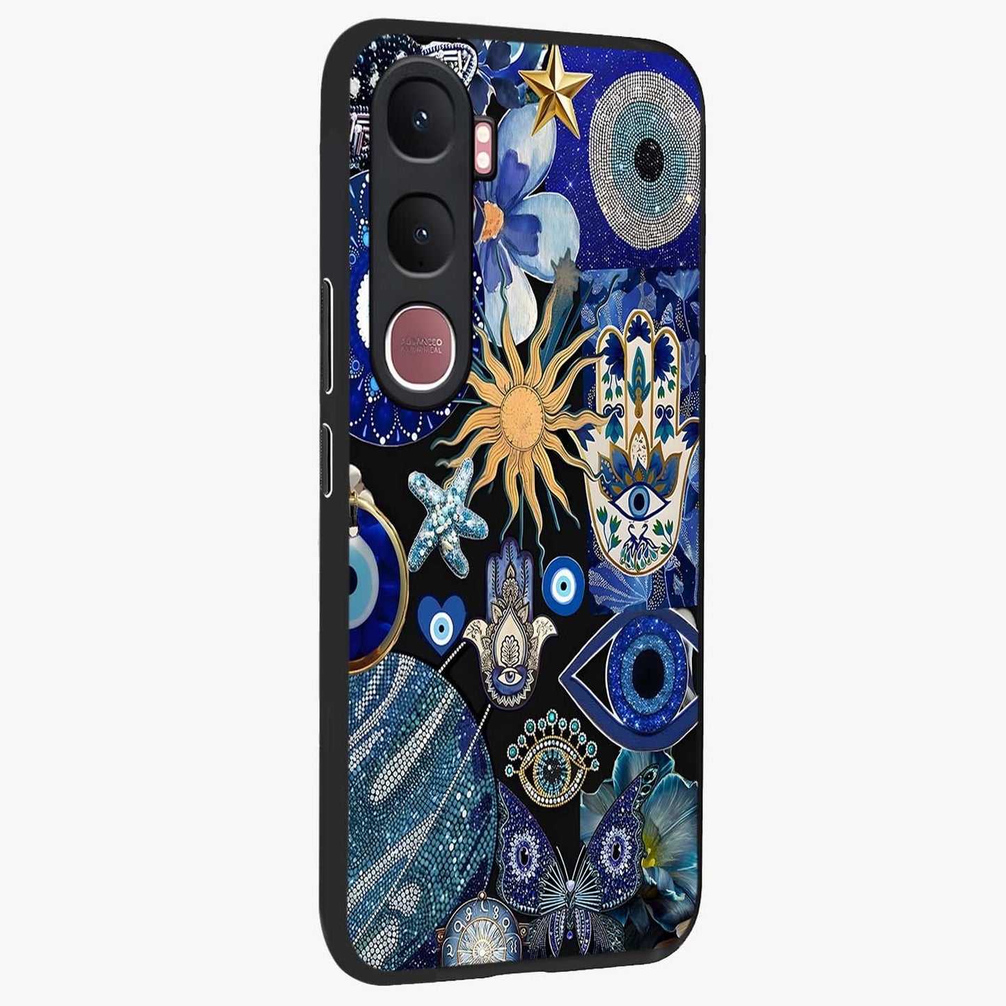 Evil Eye Charm Mix Glass Case upright view showcasing mystical evil eye pattern with vibrant decorative style.