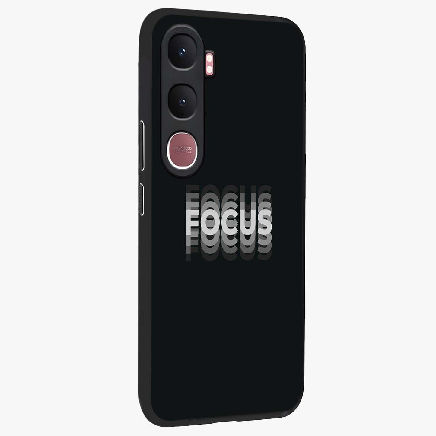 Focus Mode On Glass Case upright view showcasing strong typography statement with sleek motivational theme.