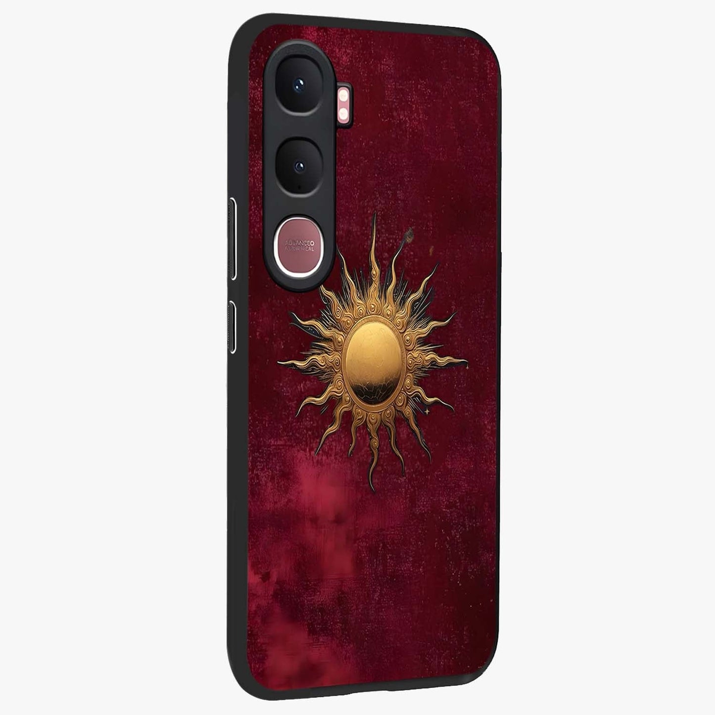 Golden Sun Minimalism Glass Case upright view showcasing simple golden sun artwork with elegant minimalist style.