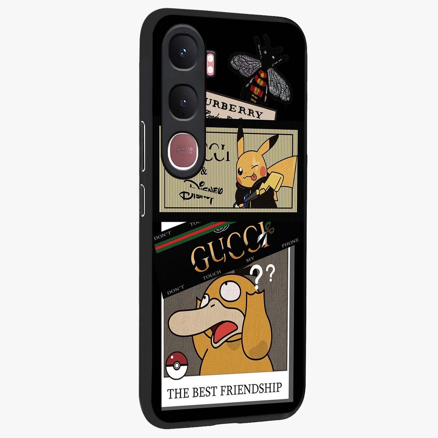 Gucci Play Mashup Glass Case upright view showcasing trendy luxury inspired artwork with modern fashion theme.
