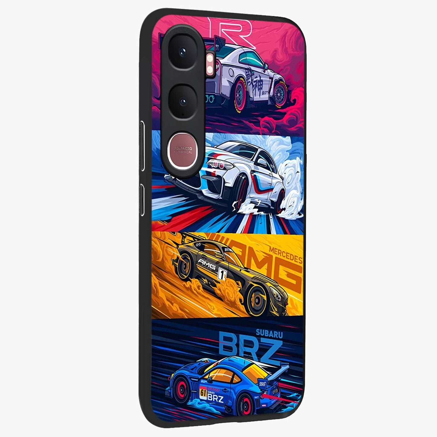 JDM Sports Car Glass Case upright view showcasing dynamic sports car artwork with bold racing theme.