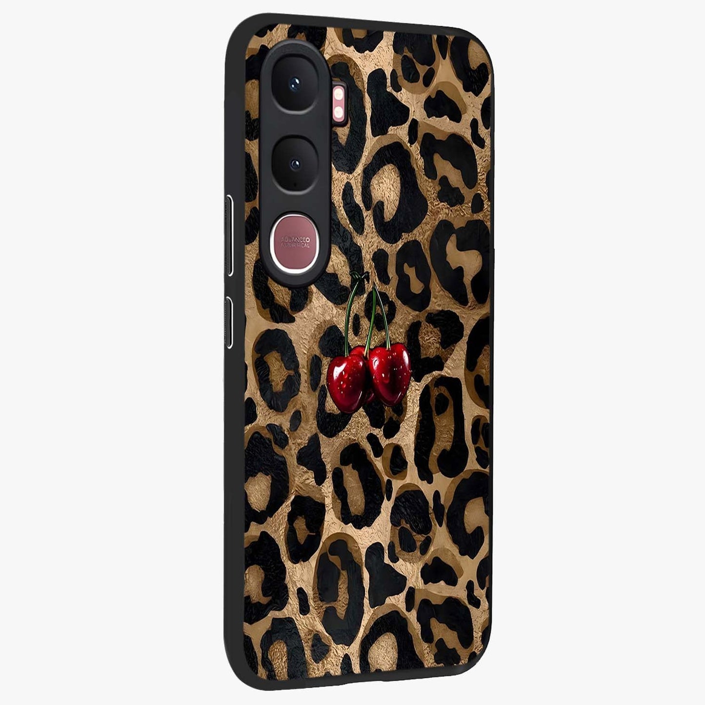 Leopard Wild Cherry Glass Case upright view showcasing stylish leopard pattern artwork with trendy fashion theme.