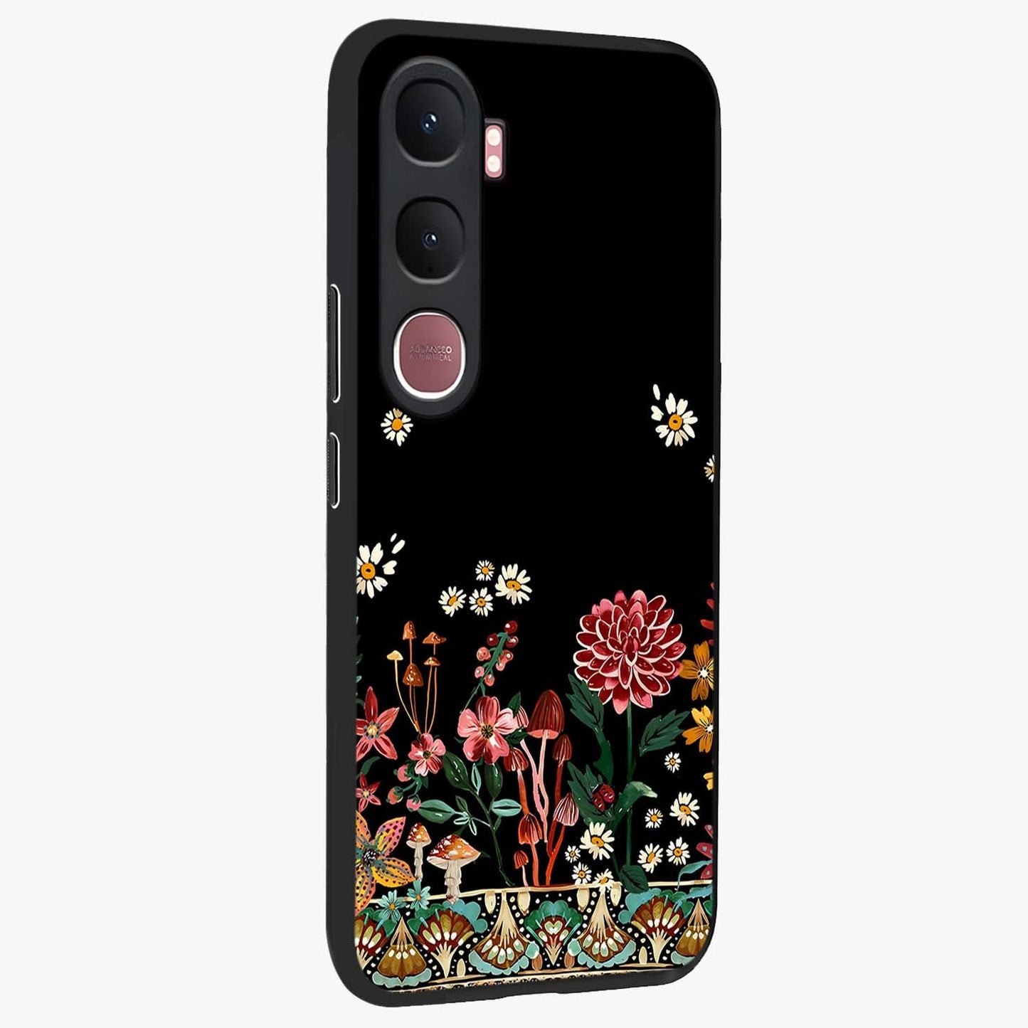 Midnight Bloom Pattern Glass Case upright view showcasing decorative floral artwork with deep night themed palette.
