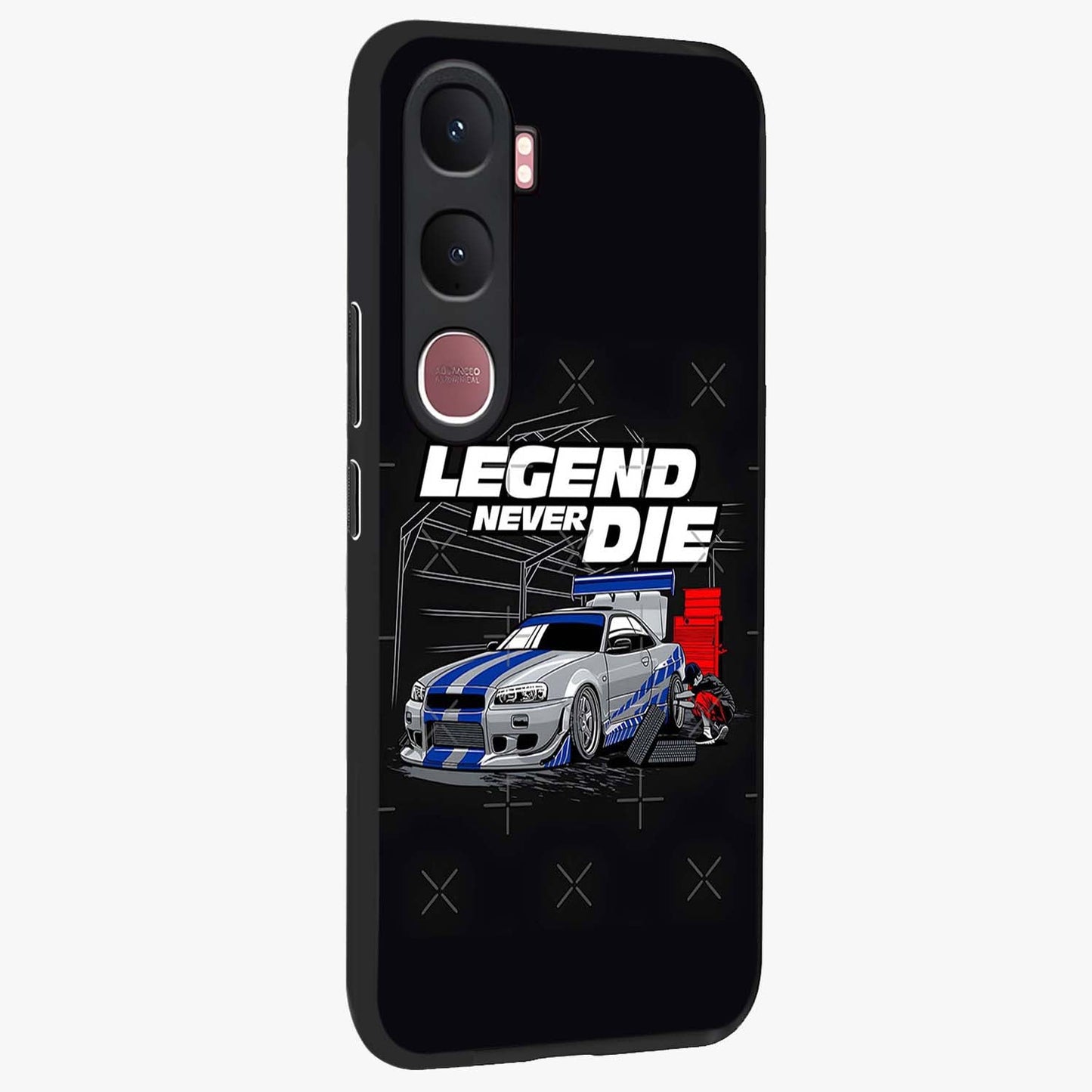 Midnight Racing Legacy Glass Case upright view showcasing powerful racing artwork with modern sports theme.