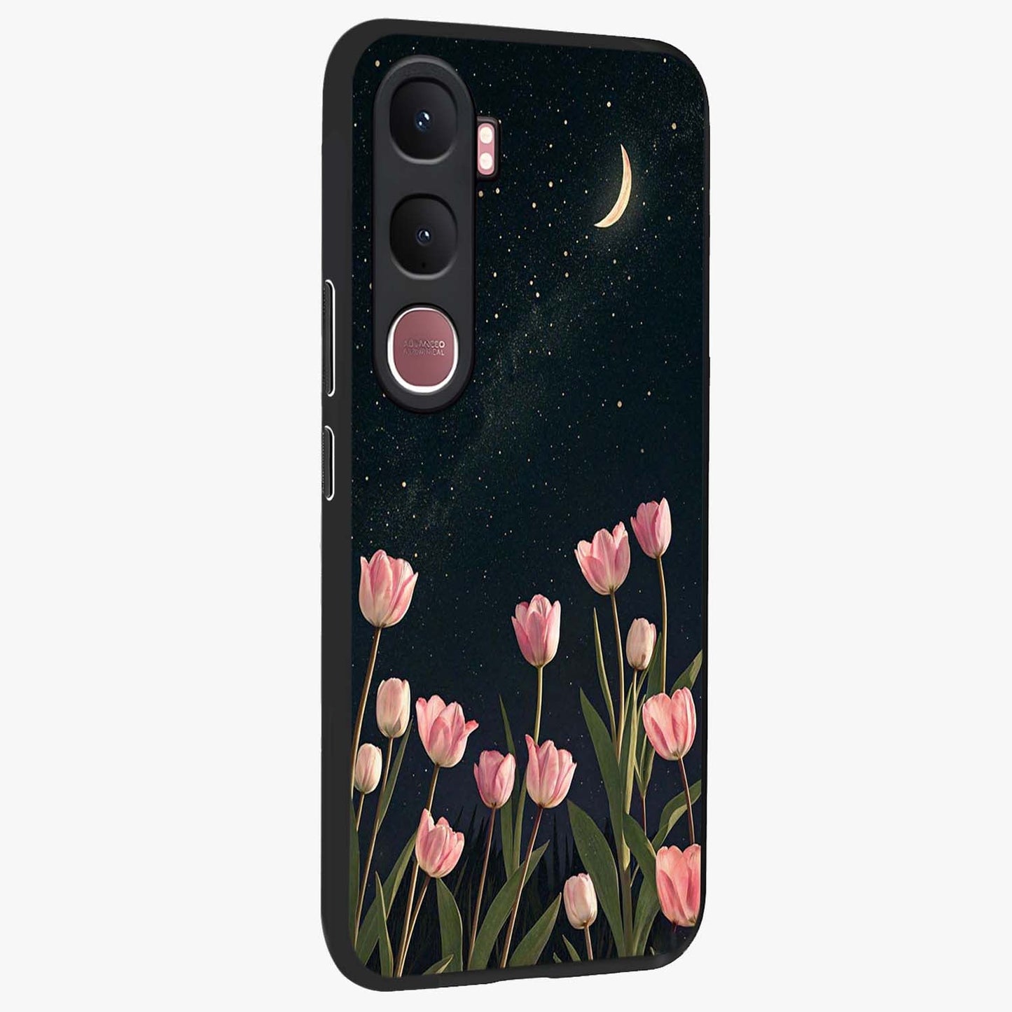 Midnight Tulip Whispers Vibe Glass Case upright view showcasing graceful tulip artwork with calm botanical theme.