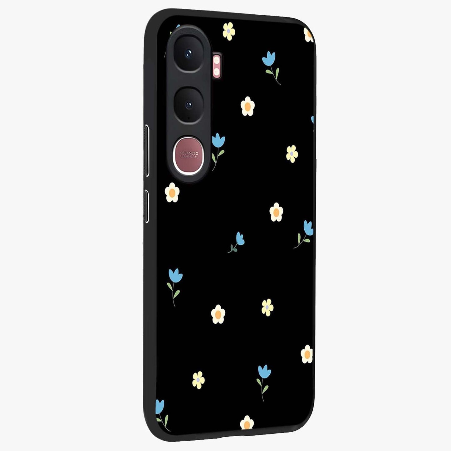 Minimal Petal Whispers Glass Case upright view showcasing elegant floral artwork with modern minimalist style.