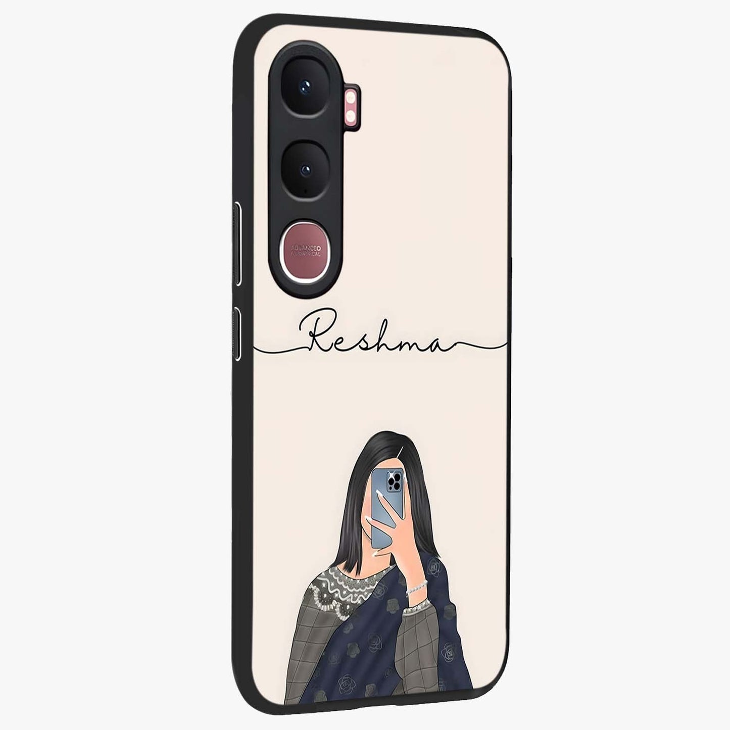 Mirror Mood Muse With Custom Name Glass Case upright view showcasing artistic mirror themed artwork with personalized aesthetic.