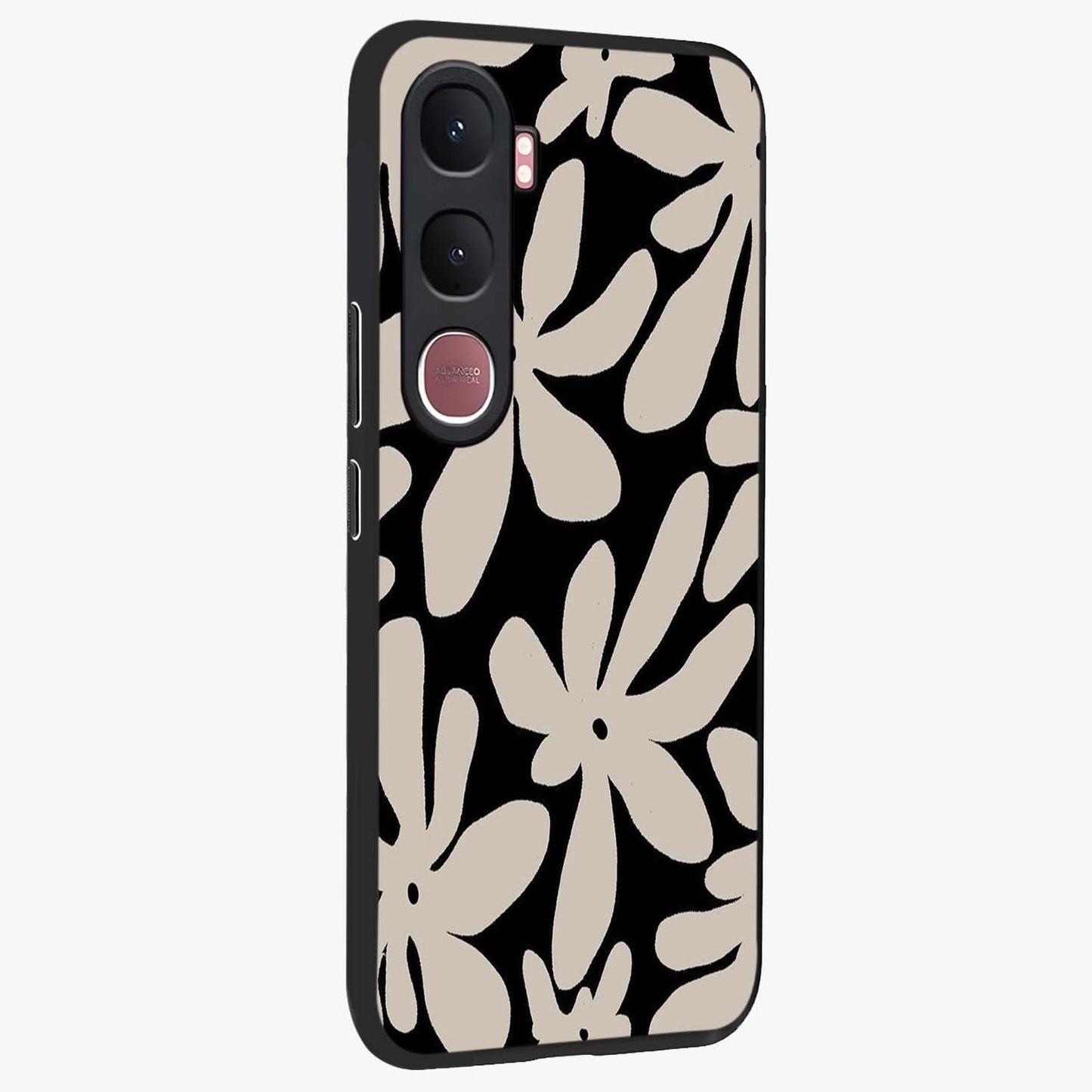 Monochrome Petal Dance Glass Case upright view showcasing artistic floral pattern with stylish monochrome theme.