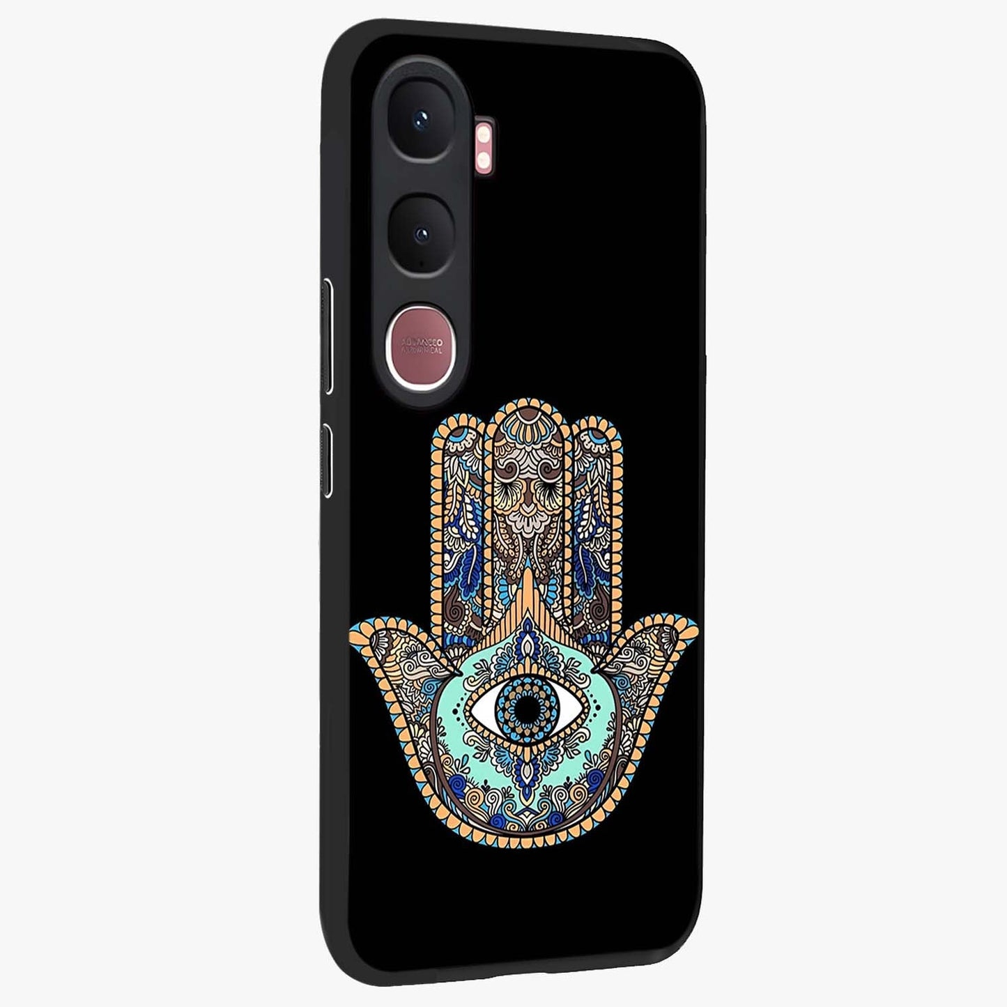 Mystic Hamsa Eye Glass Case upright view showcasing detailed hamsa eye artwork with protective spiritual theme.