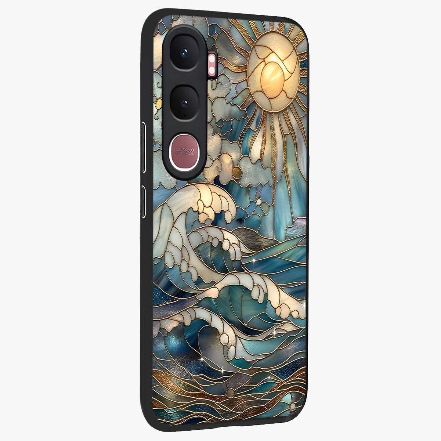 Oceanic Stained Printed Glass Case upright view showcasing decorative ocean pattern artwork with vibrant marine theme.