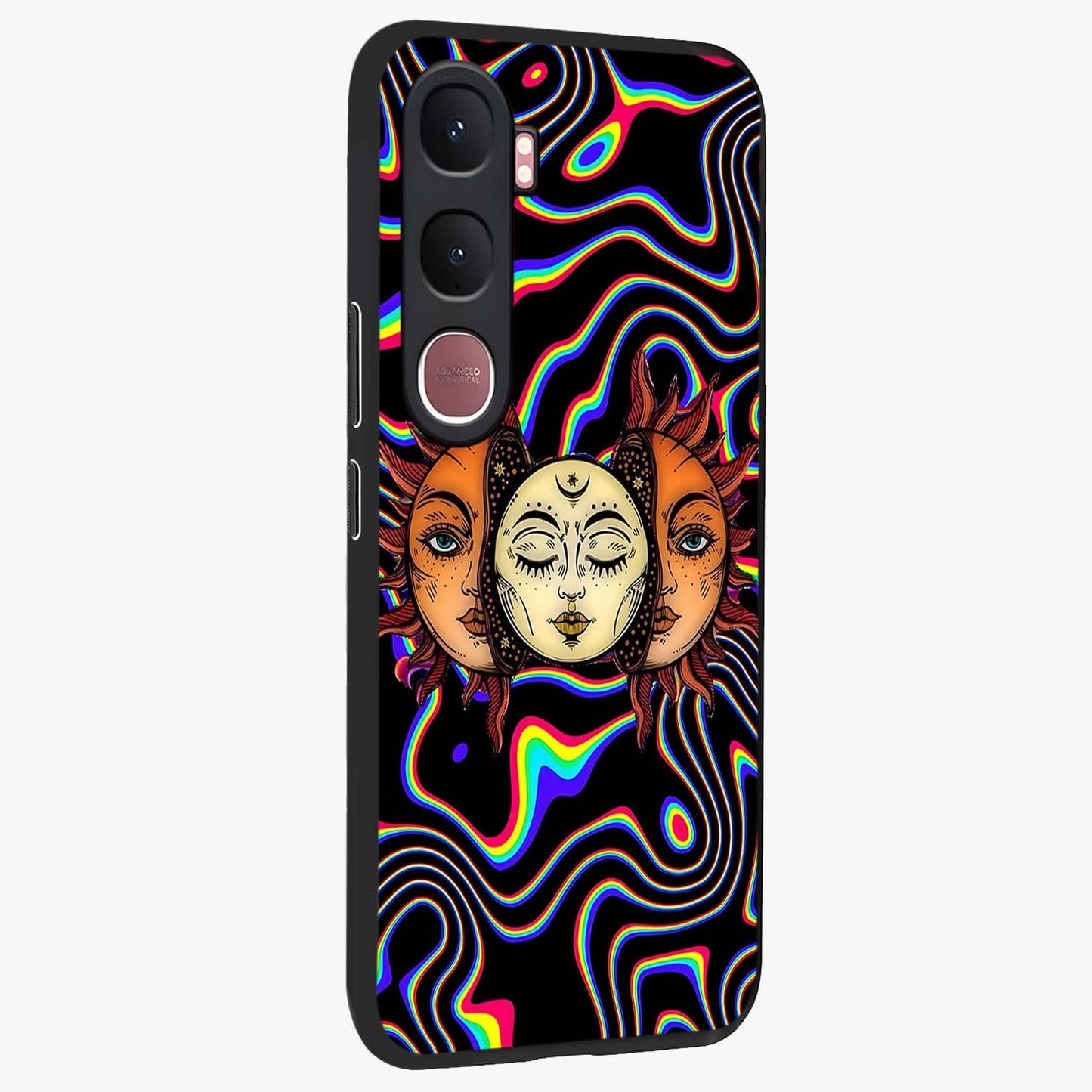 Psychedelic Sun Glass Case upright view showcasing trippy sun artwork with bold psychedelic theme.