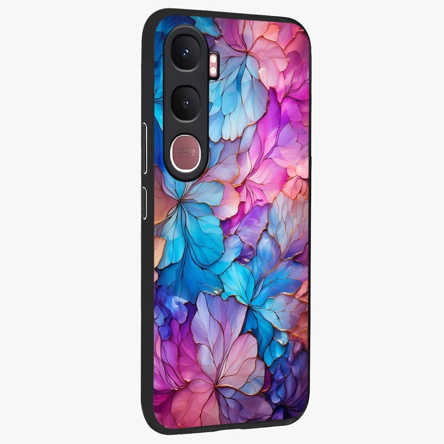 Radiant Floral Whirl Glass Case upright view showcasing lively floral artwork with decorative swirl theme.