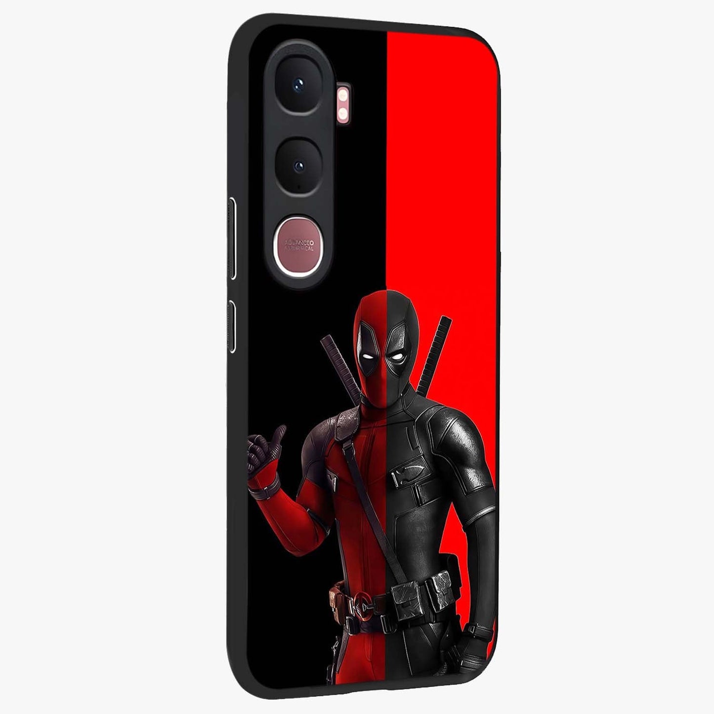 Red & Black Deadpool Theme Glass Case upright view showcasing energetic comic themed artwork with striking red and black design.