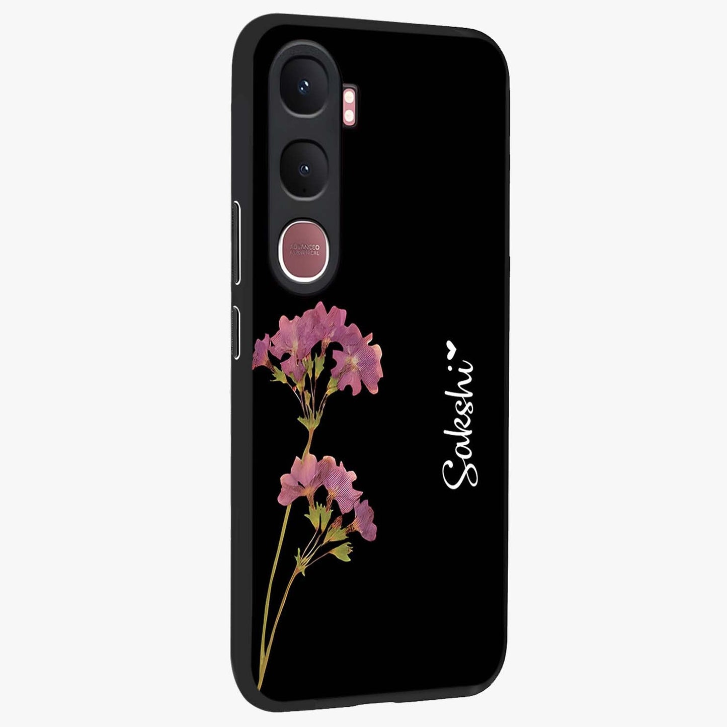 Riching Lavender Flower Custom Name Glass Case upright view showcasing elegant lavender floral artwork with personalized aesthetic.