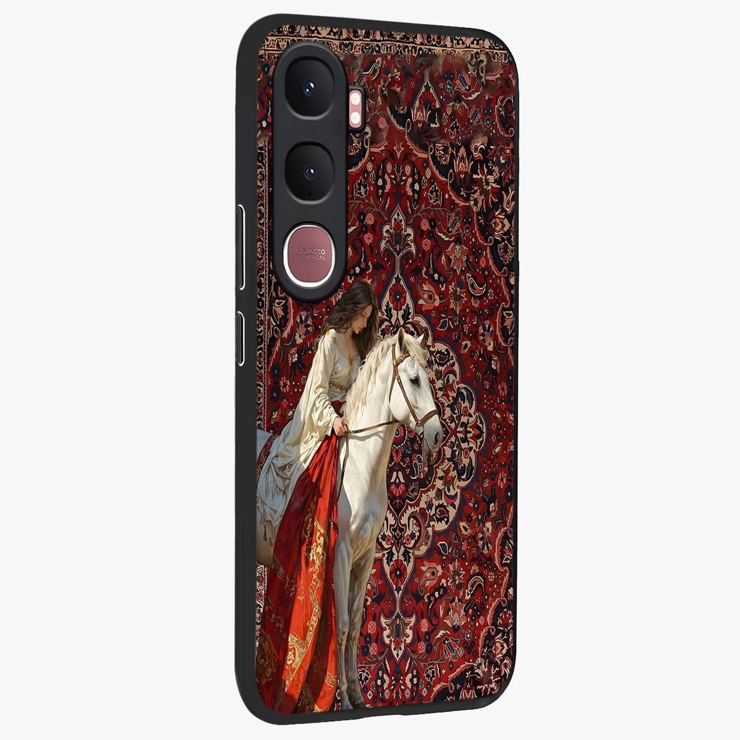 Royal Rider Tapestry Glass Case upright view showcasing detailed rider artwork with classic tapestry theme.