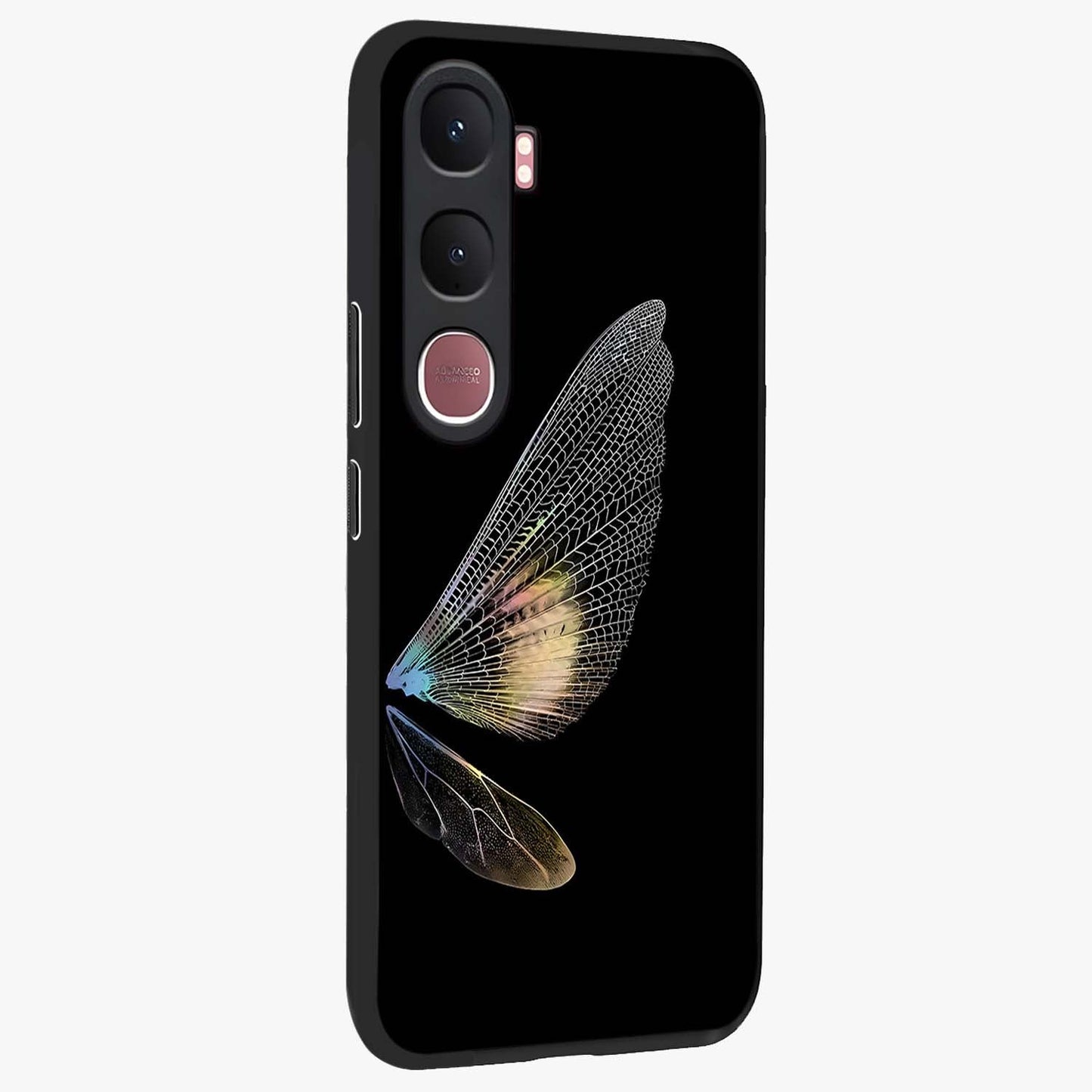 Whispers Of Wings Glass Case upright view showcasing elegant wing artwork with light airy theme.