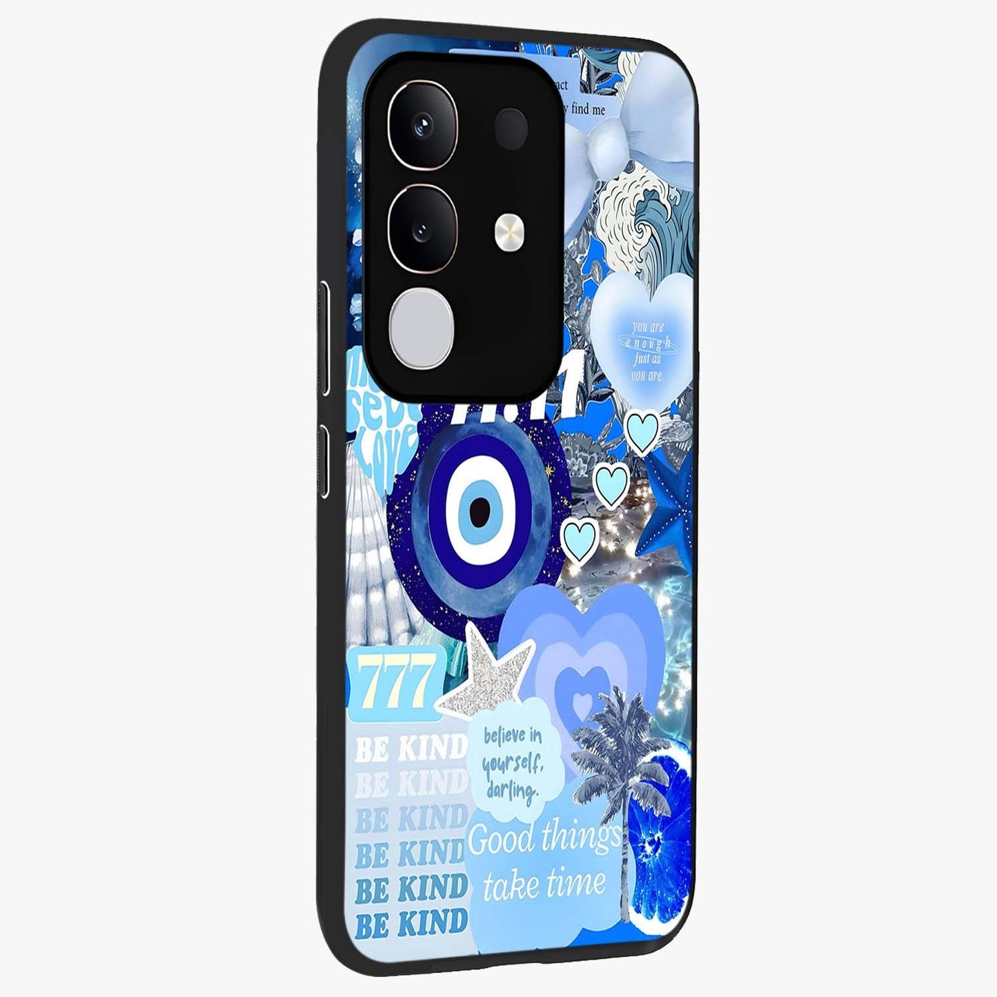 Aesthetic Be Kind Eye Glass Case upright view showcasing stylish eye illustration with positive message theme.
