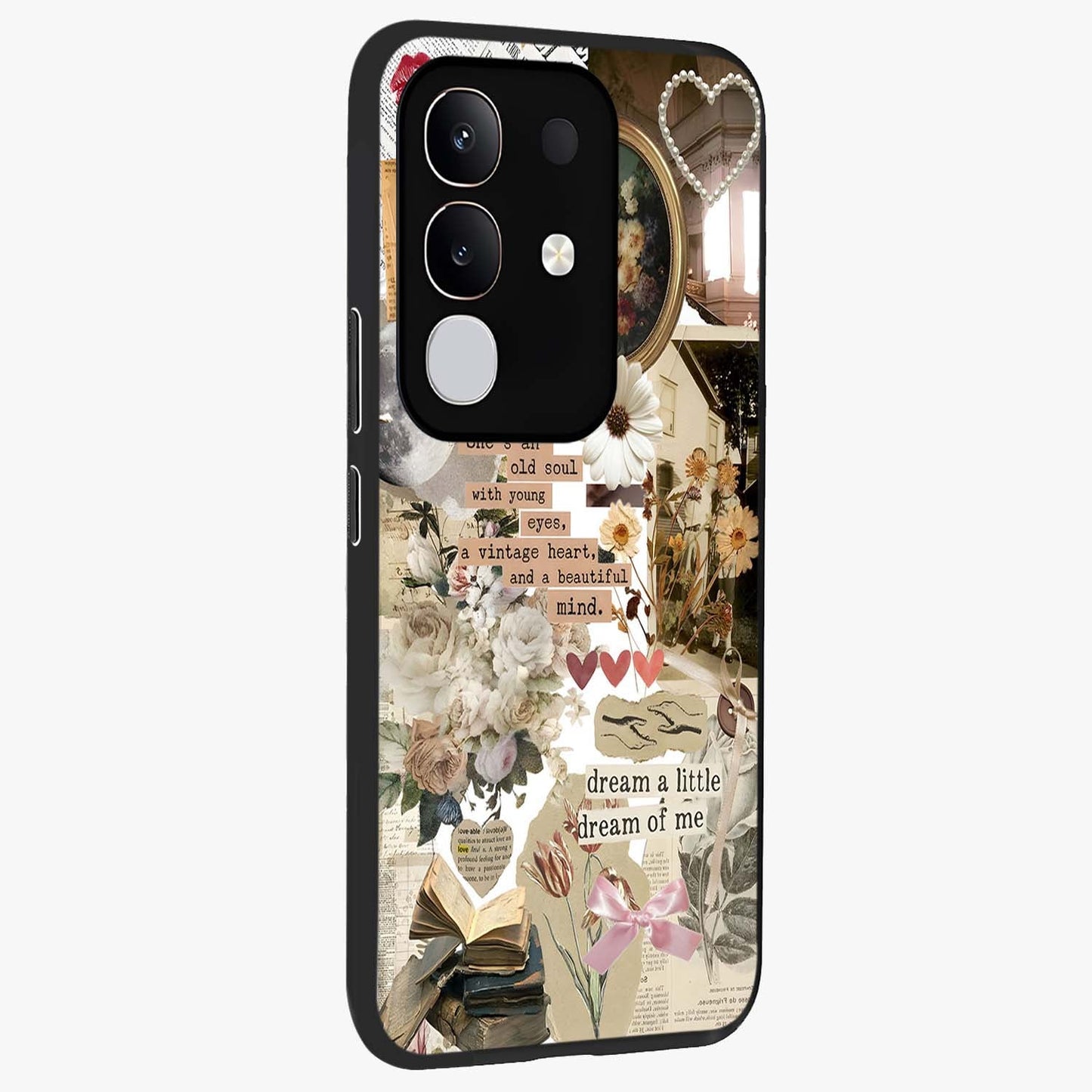 Aesthetic Brown Vintage Collage Glass Case upright view showcasing nostalgic retro artwork with stylish vintage theme.