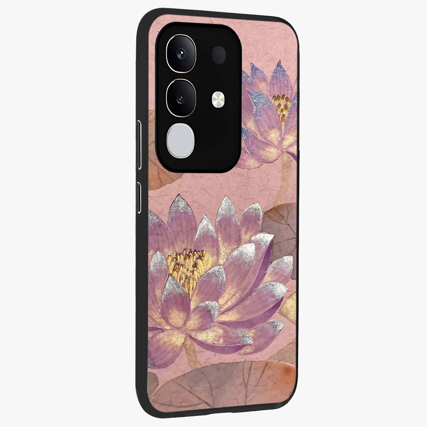 Blossom Mist Lotus Glass Case upright view showcasing graceful lotus flower design with peaceful botanical style.