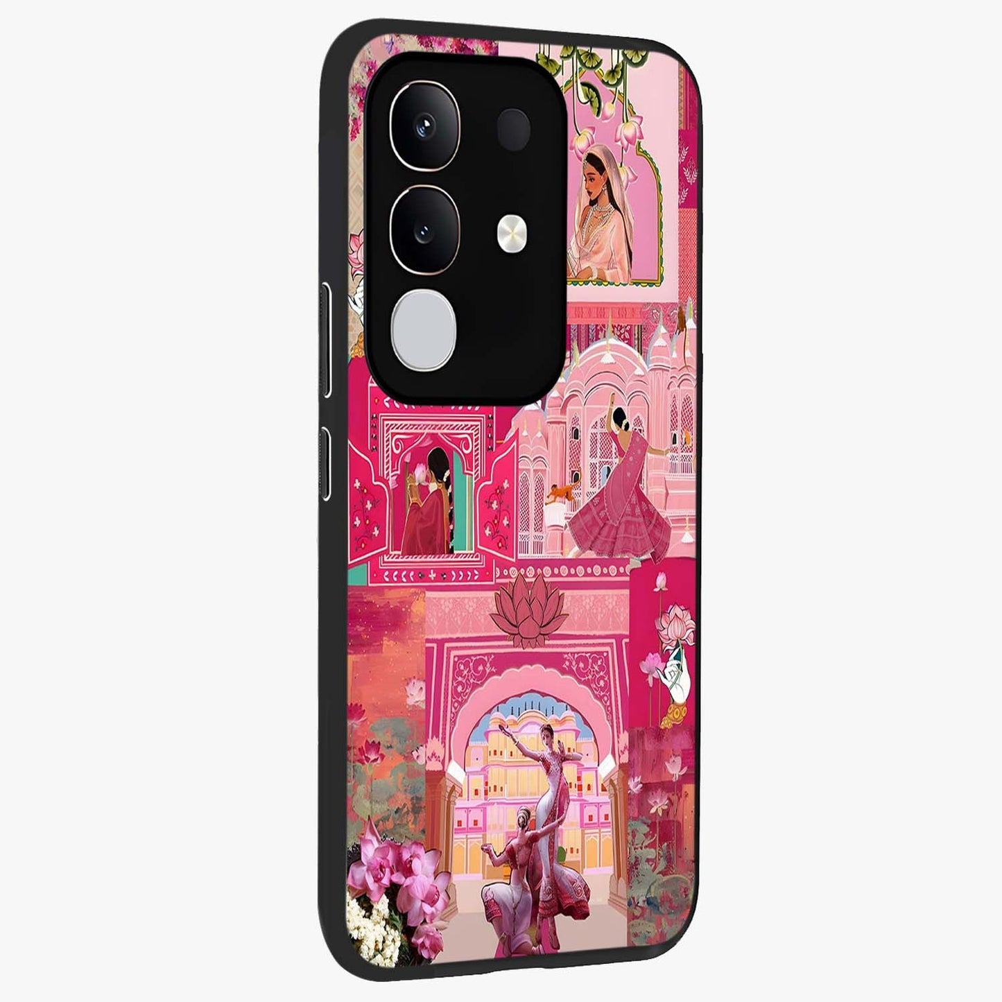 Blossoms of Rajasthan Glass Case upright view showcasing colorful floral design inspired by traditional Indian art.